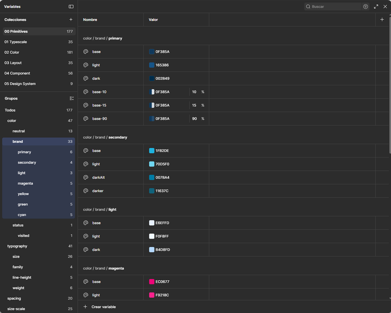 Detailed list of color variables for the design system with names, hexadecimal values, and weights.